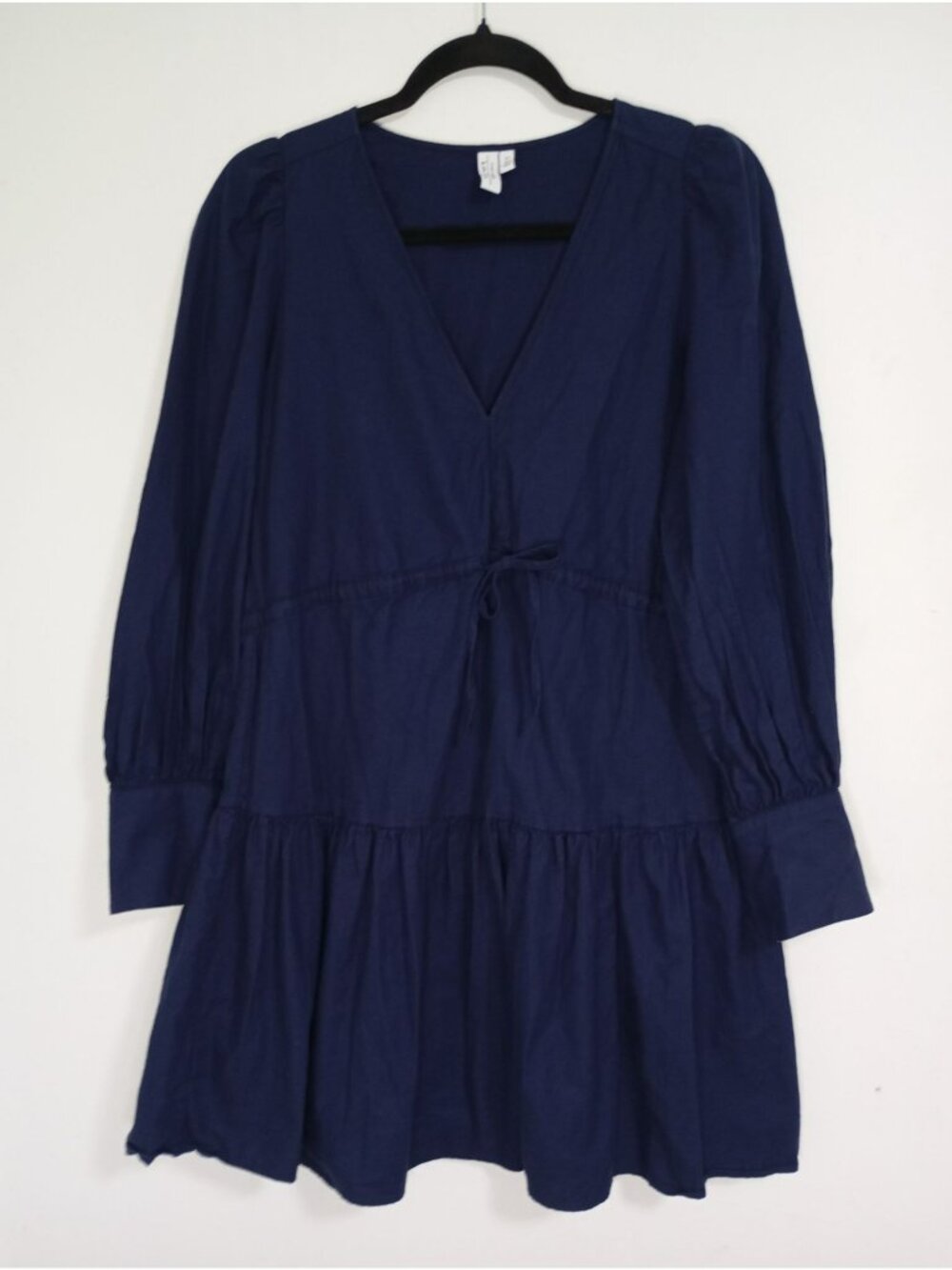 & Other Stories Navy Long-Sleeve Tiered V-Neck Dress Buttoned Cuffs Sz 4 Cotton